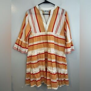 Bindu Orange Glenda A-line Tiered Ruffle V-neck Striped/Chevron Mini Dress Large